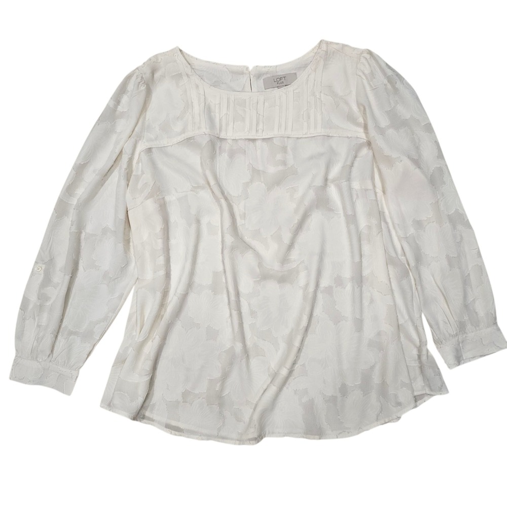 LOFT PLUS‎ White Floral Jacquard Pintuck Long Sleeve Blouse Top Plus Size 22